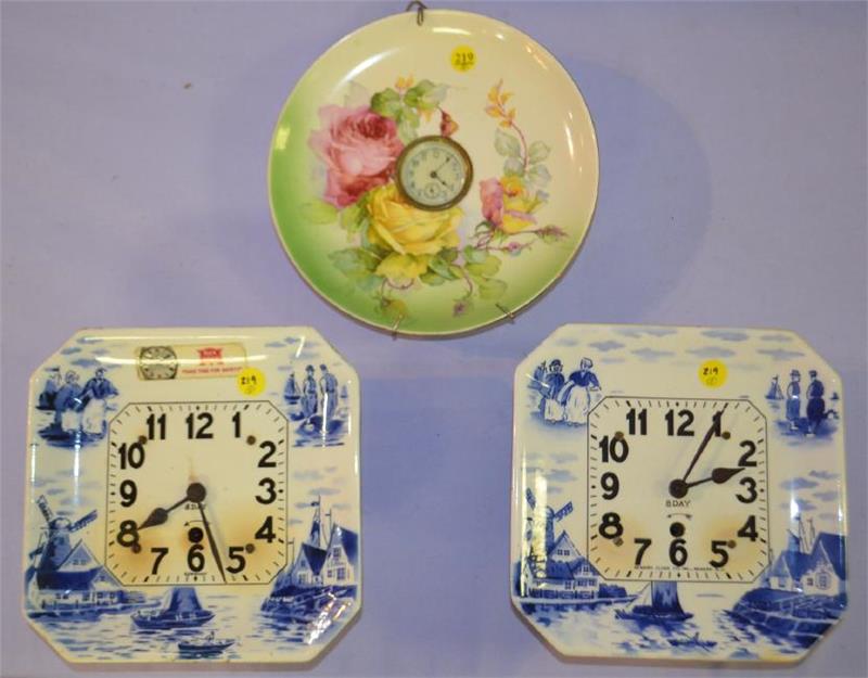 Three Vintage Wall Hanging China Plate Clocks
