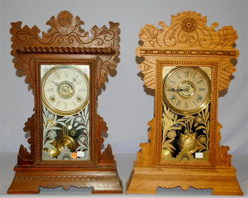 2 Antique Gilbert Kitchen Clocks. 1.) Walnut case,