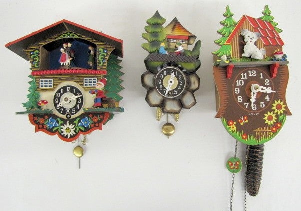 3 German Animated Pendulette Cuckoo Clocks