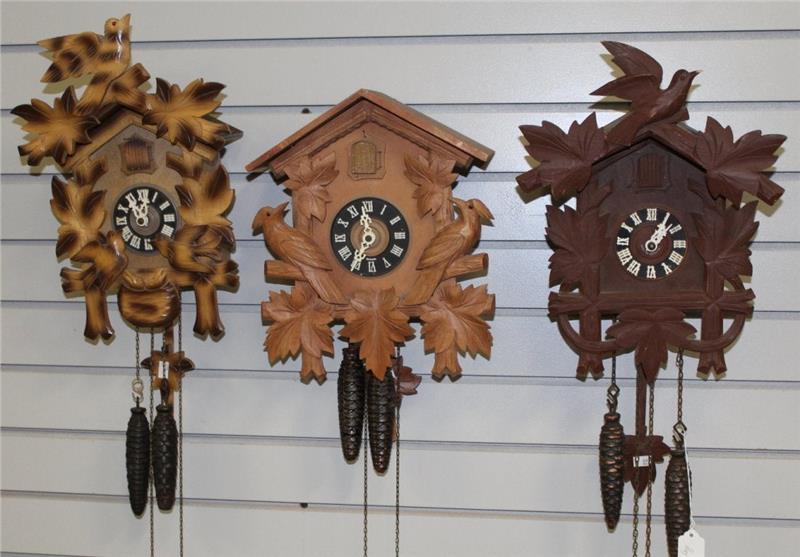 3 Carved Case Weight Driven Cuckoo Clocks