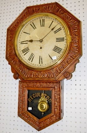 Antique New Haven Carved Oak Schoolhouse Clock