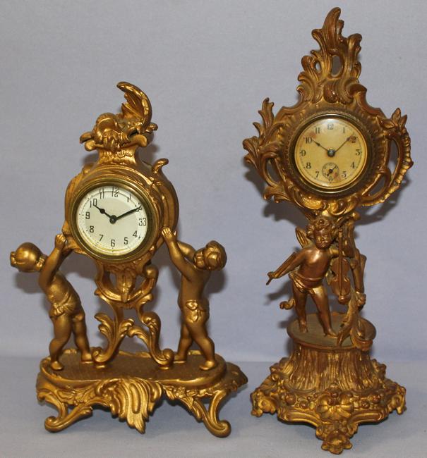 Lot of 2 Figure Novelty Metal Mantle Clock