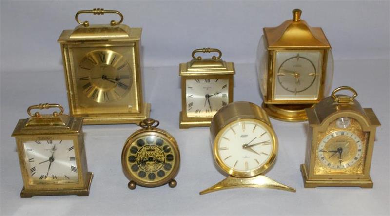 Lot of 7 Brass Case Alarm Dresser & Desk Clocks