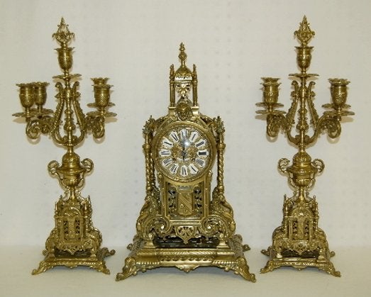 French Brass Tiffany & Co. Clock Set, 3 Piece