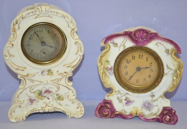 Two Antique Miniature Porcelain Shelf Clocks