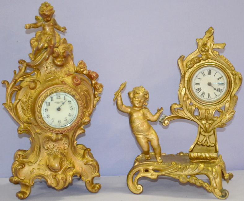 2 Antique Metal Cherub Novelty Clocks