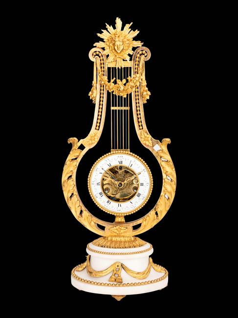 French Gilt Bronze and Marble Lyre-Form Clock