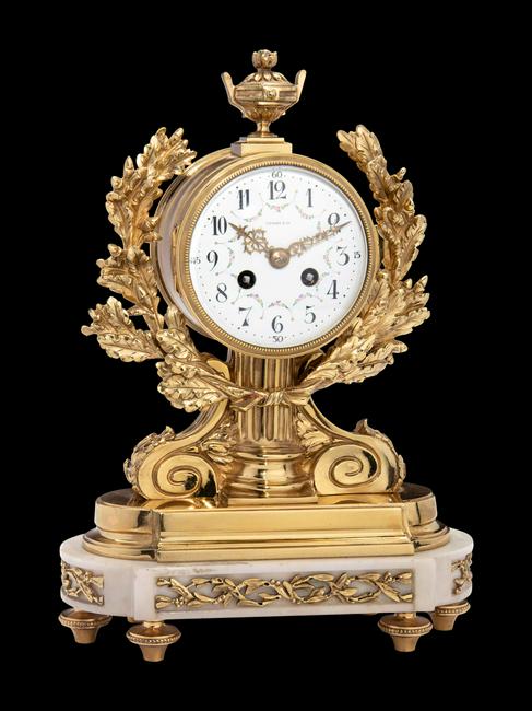 French Gilt Bronze and Marble Clock, Charles Hour, Retailed by Tiffany & Co.