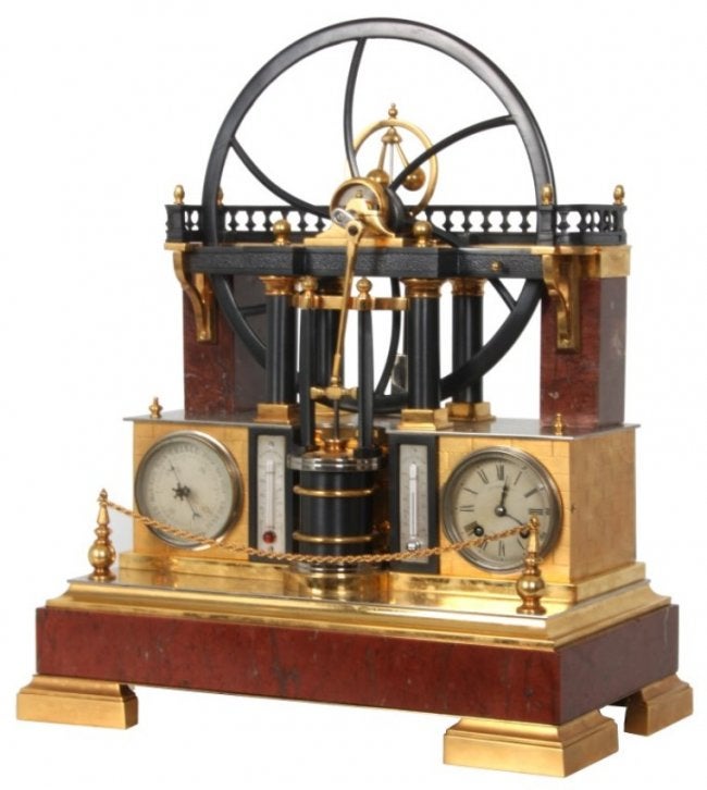 French Industrial Animated Steam Engine Clock