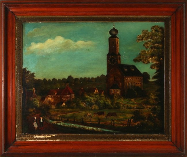 A 19TH C CONTINENTAL OIL ON PANEL PICTURE FRAME CLOCK