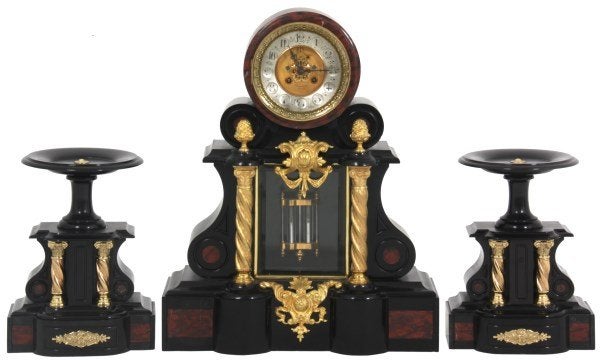 3 Pc. French Marble & Brass Clock Set