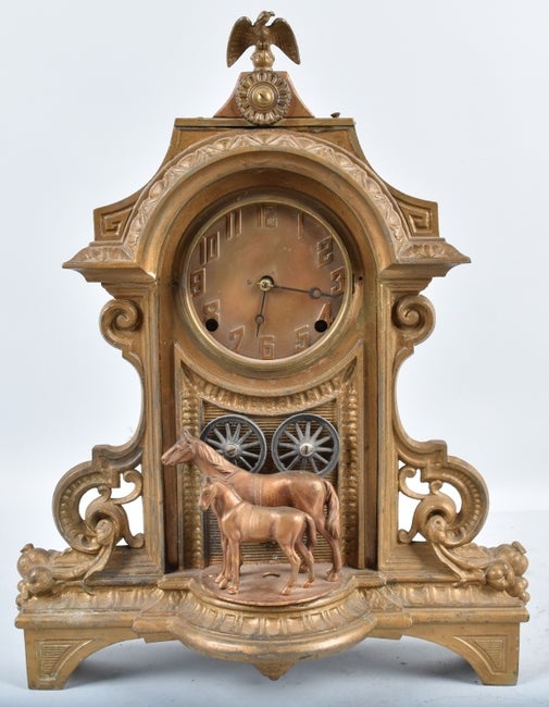 CAST METAL CLOCK, with HORSES