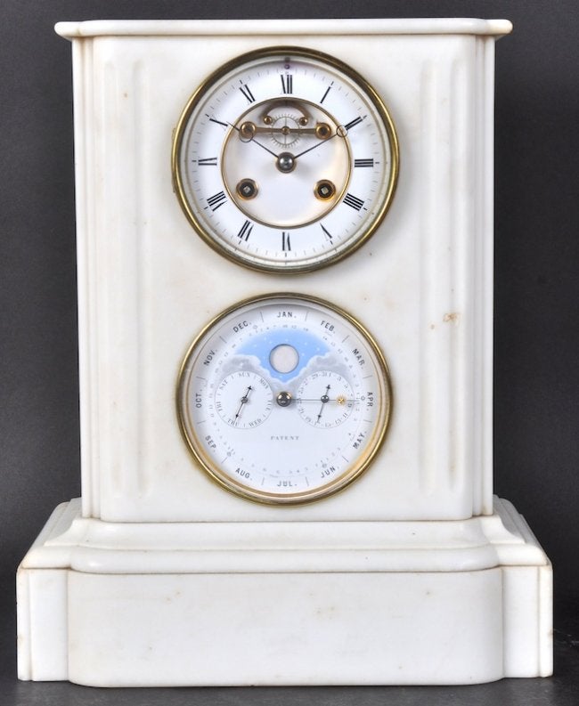 A 19TH CENTURY FRENCH WHITE MARBLE LONG-DURATION CLOCK