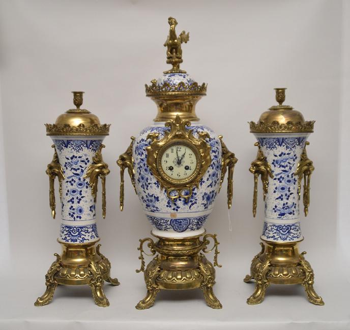 19th Century Gilt Bronze & Delft Porcelain Clock