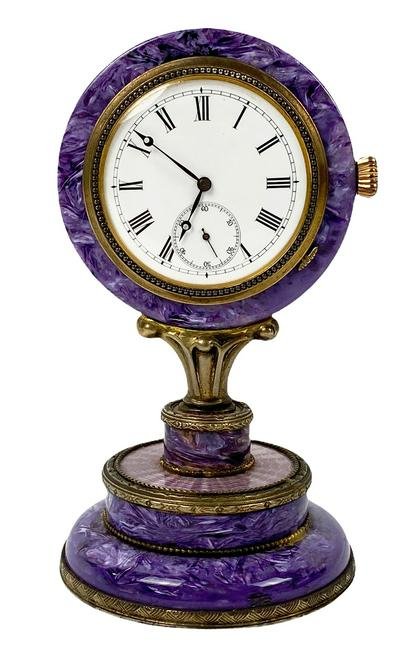 Antique Russian Art Deco Charoite Guilloche Clock
