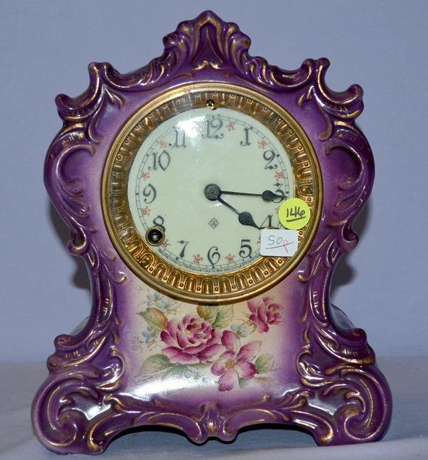 Antique Ansonia "Tuscola" China Clock w/ Purple Floral