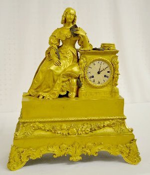 Dore Bronze Mantel Clock, Lady & Feather Pen