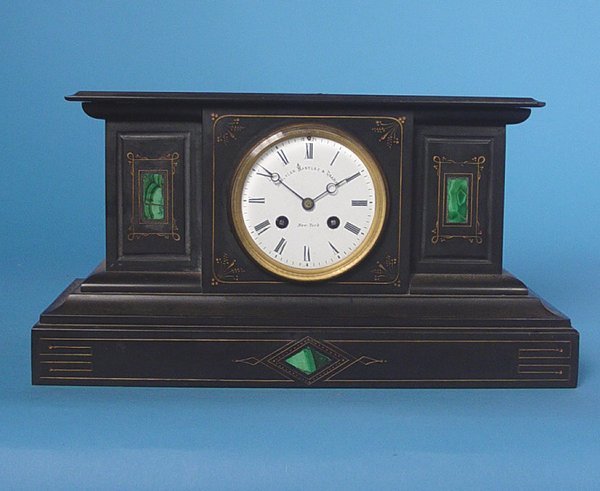 Japy Freres Malachite Mantle Clock with Malachite Inlay