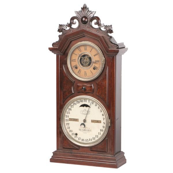 Late 1800 Renaissance Victorian double dial calendar mantel clock