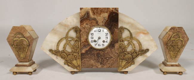 ART DECO 3 PC BRONZE & ONYX CLOCK W/ GARNITURES