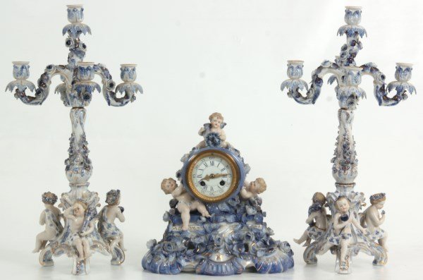 3 pc. Meissen Blue & White Porcelain Clock Set