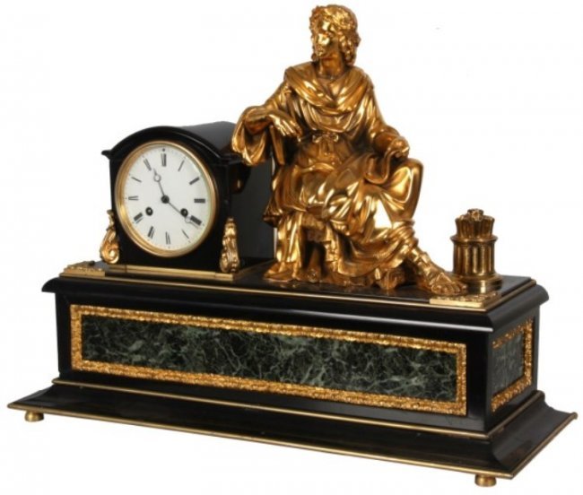 French Figural Marble & Bronze Mantle Clock