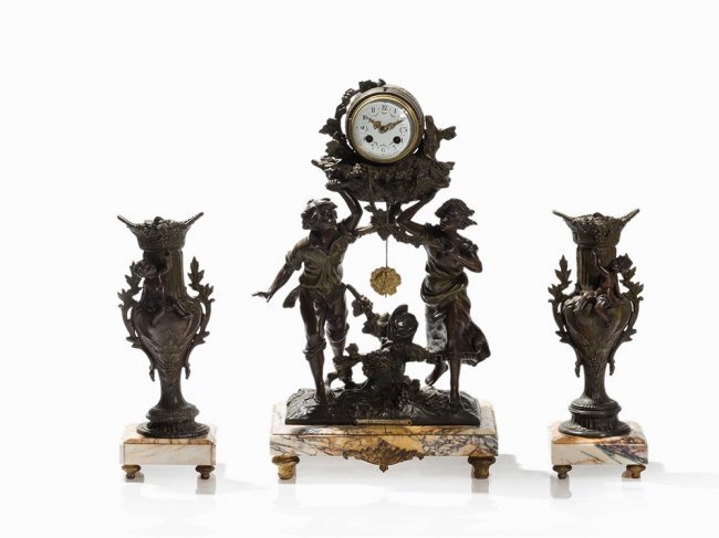 Fin de Sicle Fireplace Clock with 2 Candelabras, c.