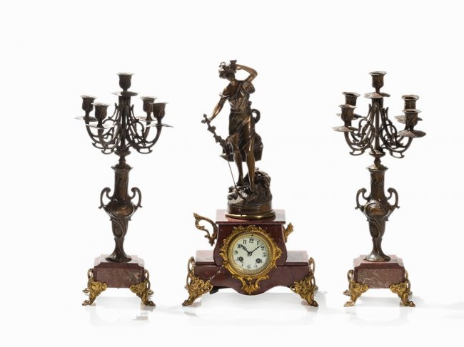 Fin de Sicle Fireplace Clock with 2 Candelabras, c.