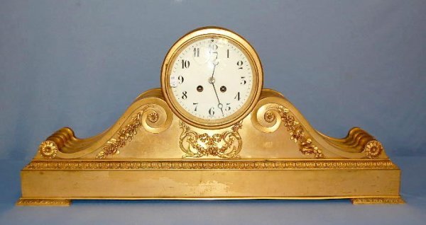 French Dore Scroll Shaped Metal Mantle Clock