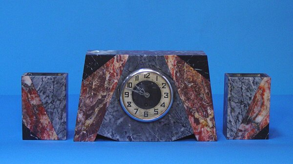 Marble Art Deco Clock With Garnitures