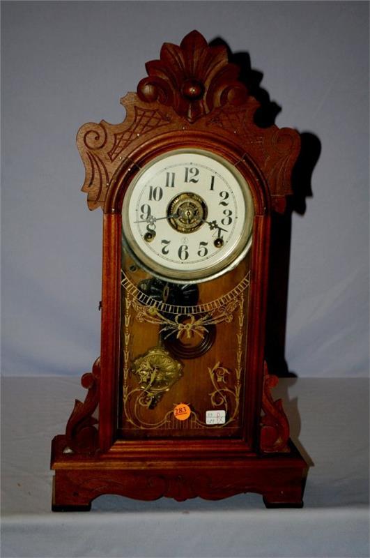 Walnut Kitchen Clock. Walnut case, unsigned paper dial,