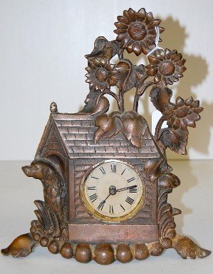 Iron Front Figural Dog House & Sunflowers Clock