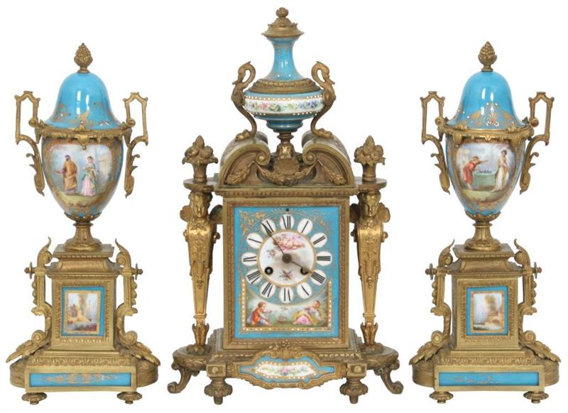 French Sevres Style Three-Piece Clock Garniture