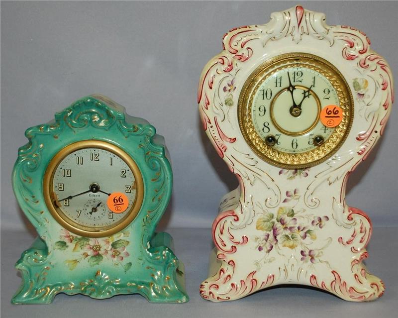 2 Antique Porcelain Mantle Clocks, Waterbury, Gilbert