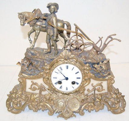 Antique French Clock W/ Farmer, Horse & Plow