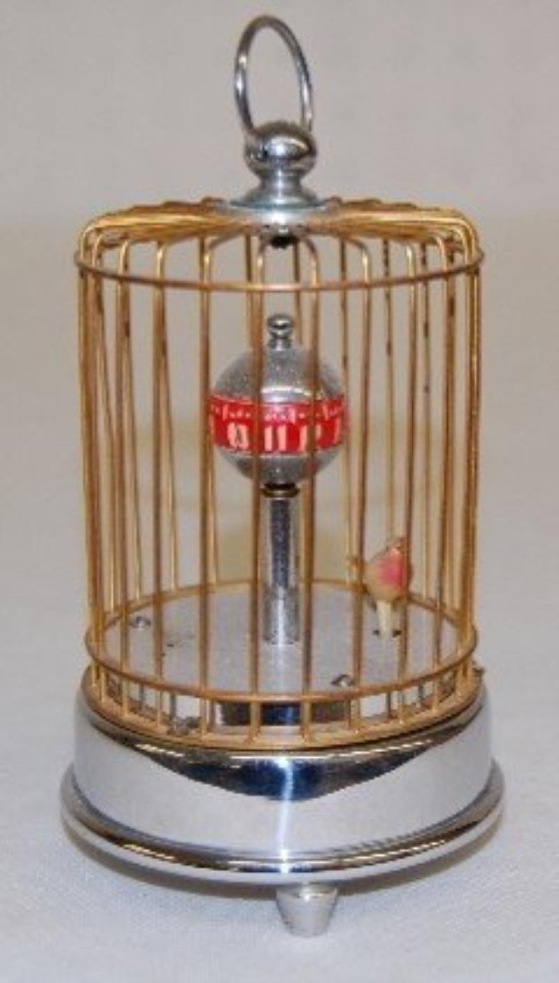 Chrome and Gilded Animated Bird in Cage Clock