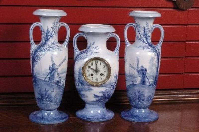 DELFT STYLE HAND PAINTED CHINA CLOCK SET GARNITURE