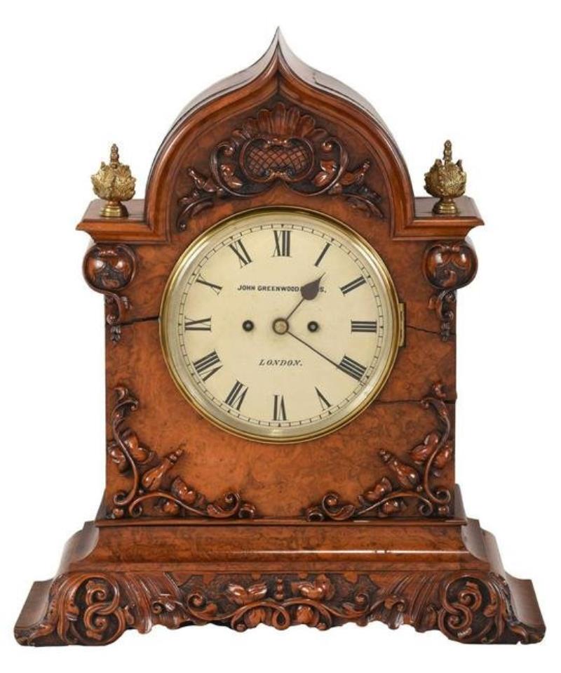 John Greenwood and Sons Carved Burlwood Shelf Clock