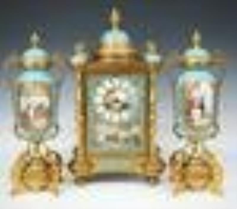 German Bronze & Porcelain Clock Set