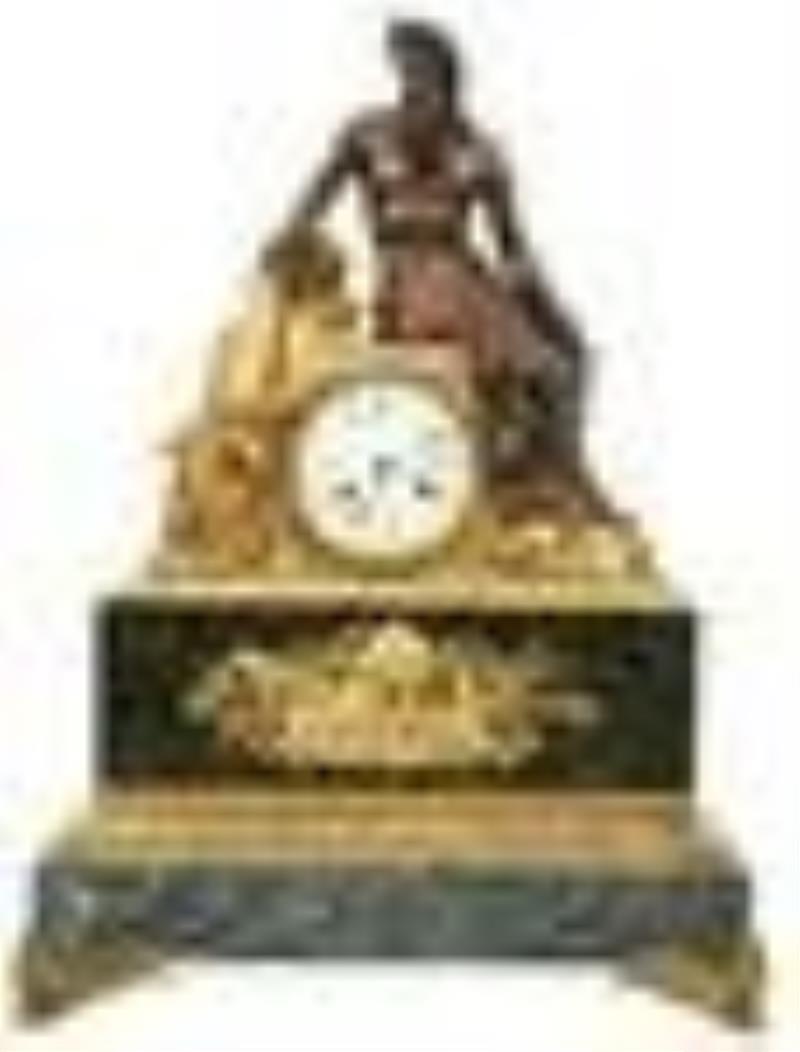 French Empire Bronze & Marble Mantel Clock with Neptune