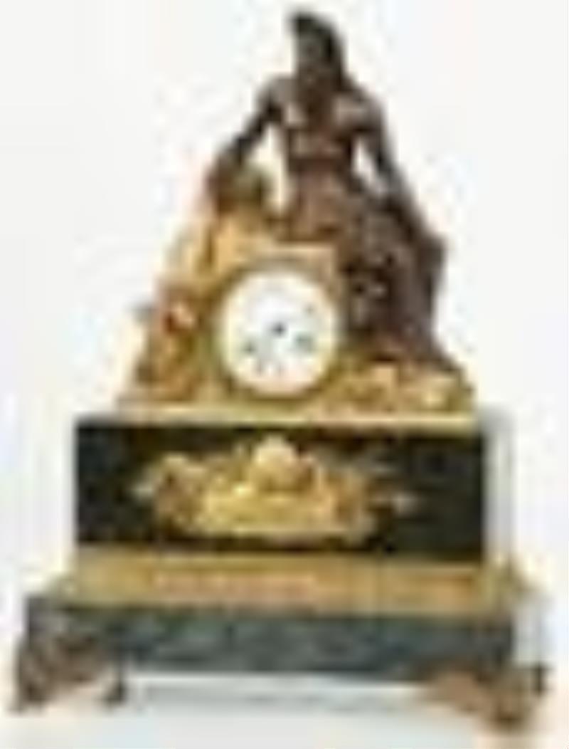 French Empire Bronze & Marble Mantel Clock with Neptune