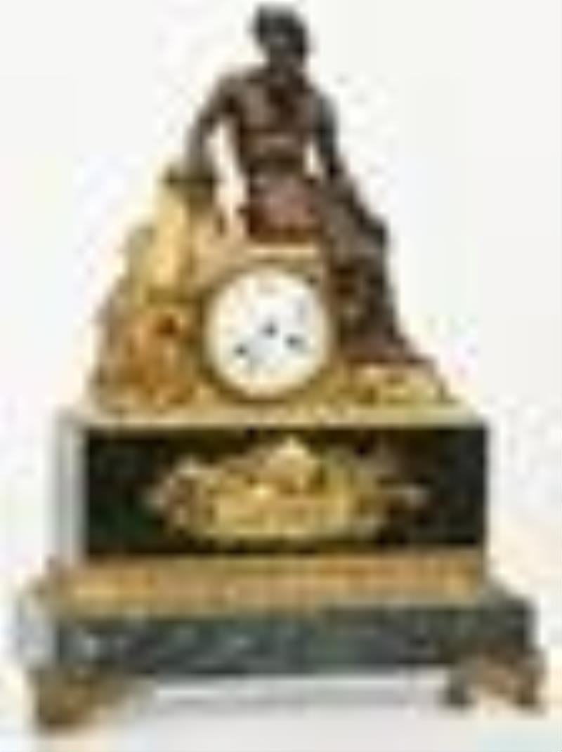 French Empire Bronze & Marble Mantel Clock with Neptune
