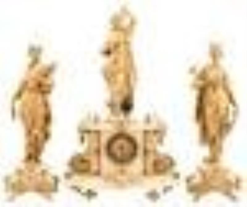 French Painted Metal & Onyx Figural Clock Garniture