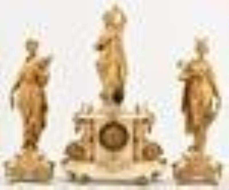 French Painted Metal & Onyx Figural Clock Garniture