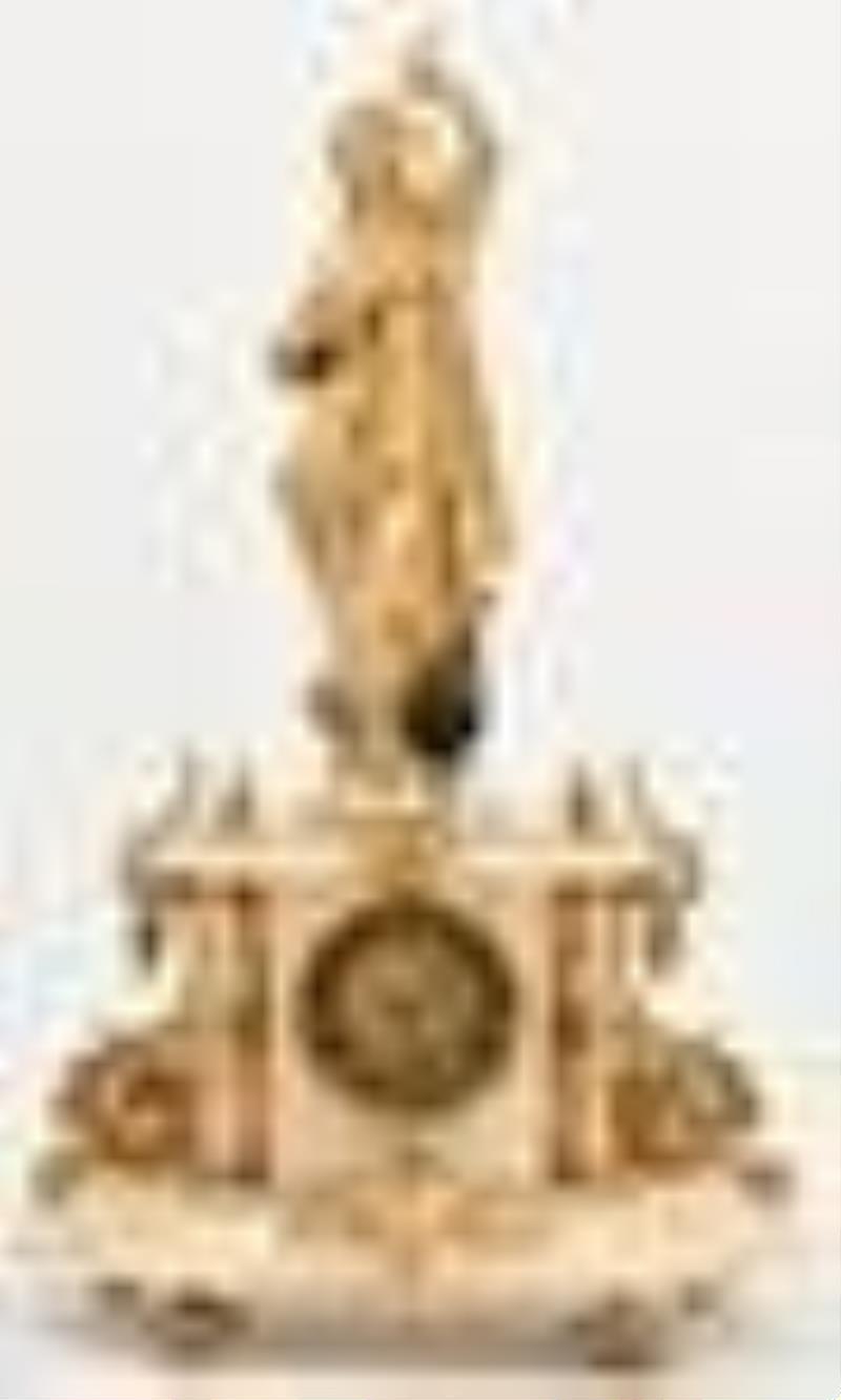 French Painted Metal & Onyx Figural Clock Garniture