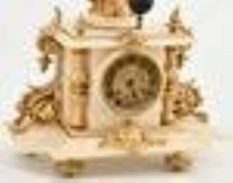 French Painted Metal & Onyx Figural Clock Garniture