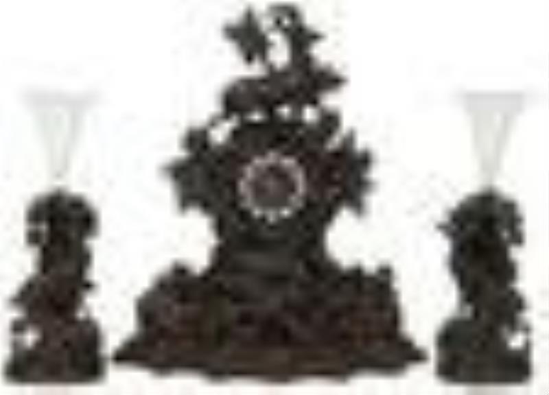 Black Forest Carved Clock Garniture