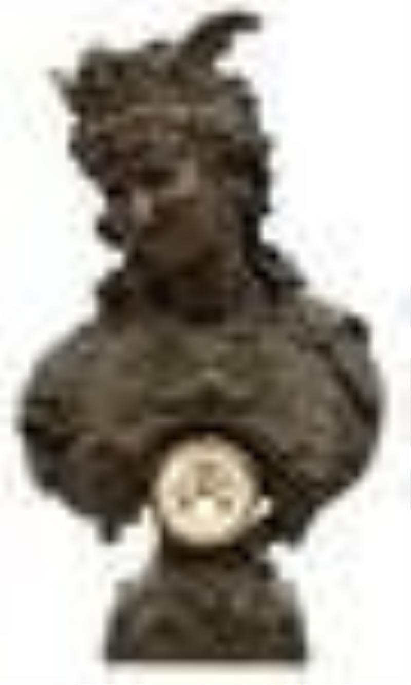 French Patinated Metal Bust of Fortuna with Clock