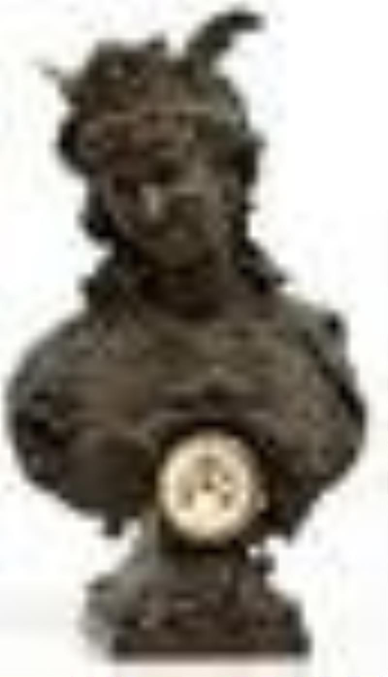 French Patinated Metal Bust of Fortuna with Clock
