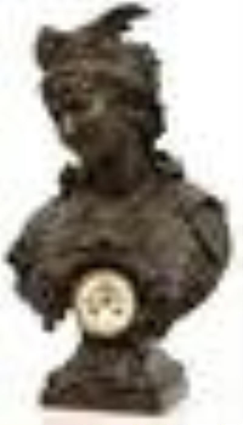 French Patinated Metal Bust of Fortuna with Clock